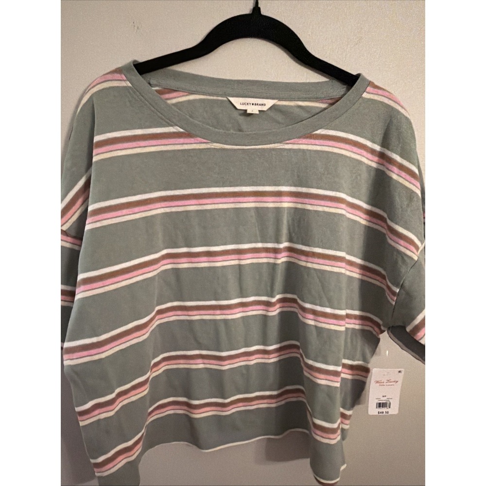 Lucky Brand Shirt Small Short Sleeve Striped Crew Neck Cropped Shirt NWT $49